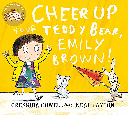 Children’s book cover: girl with teddy, rabbit, and colorful umbrella.