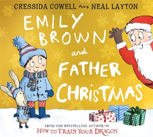 Illustration of a girl, rabbit, and Father Christmas on a yellow background.