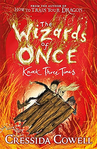 Book cover: children flying on a wooden board amidst fiery illustrations.