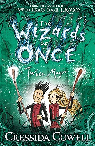 Book cover with two young wizards holding glowing wooden wands.