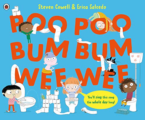 Children's book cover with orange text and cartoon children and a cat with toilet paper.