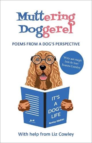 Book cover: dog with glasses reading, titled “Muttering Doggerel”.