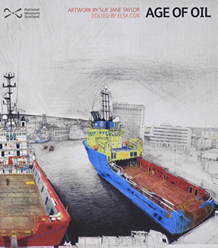 Artwork depicting oil supply vessels in a grayscale harbor scene.