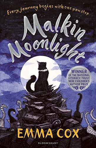 Book cover: black cat silhouetted against a full moon over rooftops.