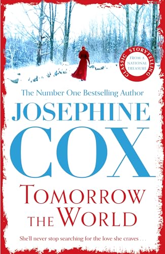 Book cover: snowy landscape, woman in red dress, large blue text.
