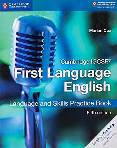 IGCSE First Language English practice book cover with a vintage microphone.