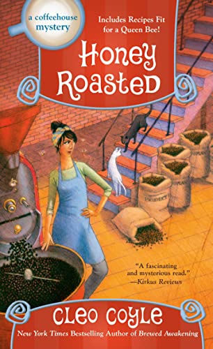 Book cover: woman in coffeehouse with cats, sacks of coffee beans.