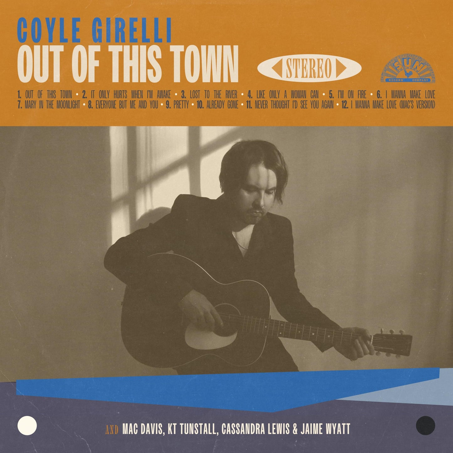 CD cover for Coyle Girelli’s “Out Of This Town” featuring a musician with a guitar.