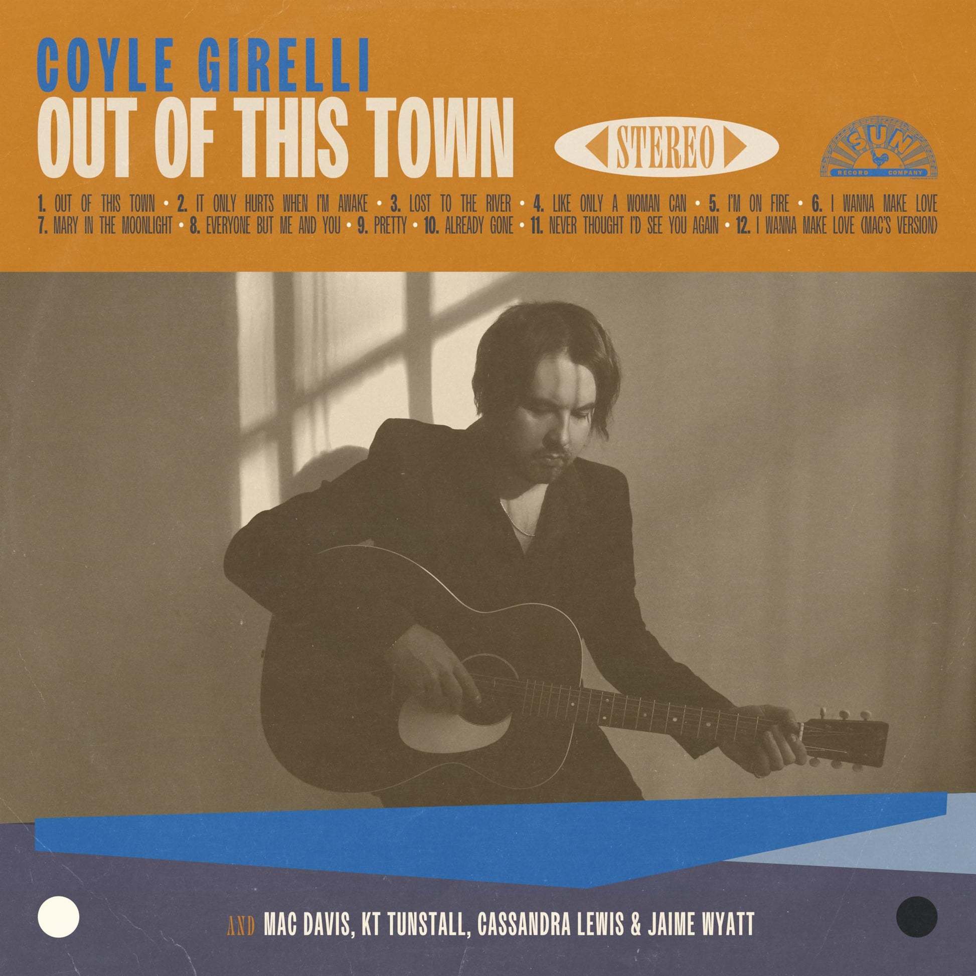 CD cover for Coyle Girelli’s “Out Of This Town” featuring a musician with a guitar.