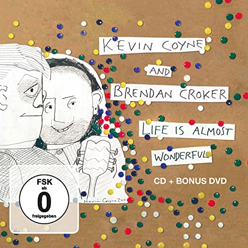 CD cover with sketched portrait, colorful confetti, and text “Life Is Almost Wonderful”.