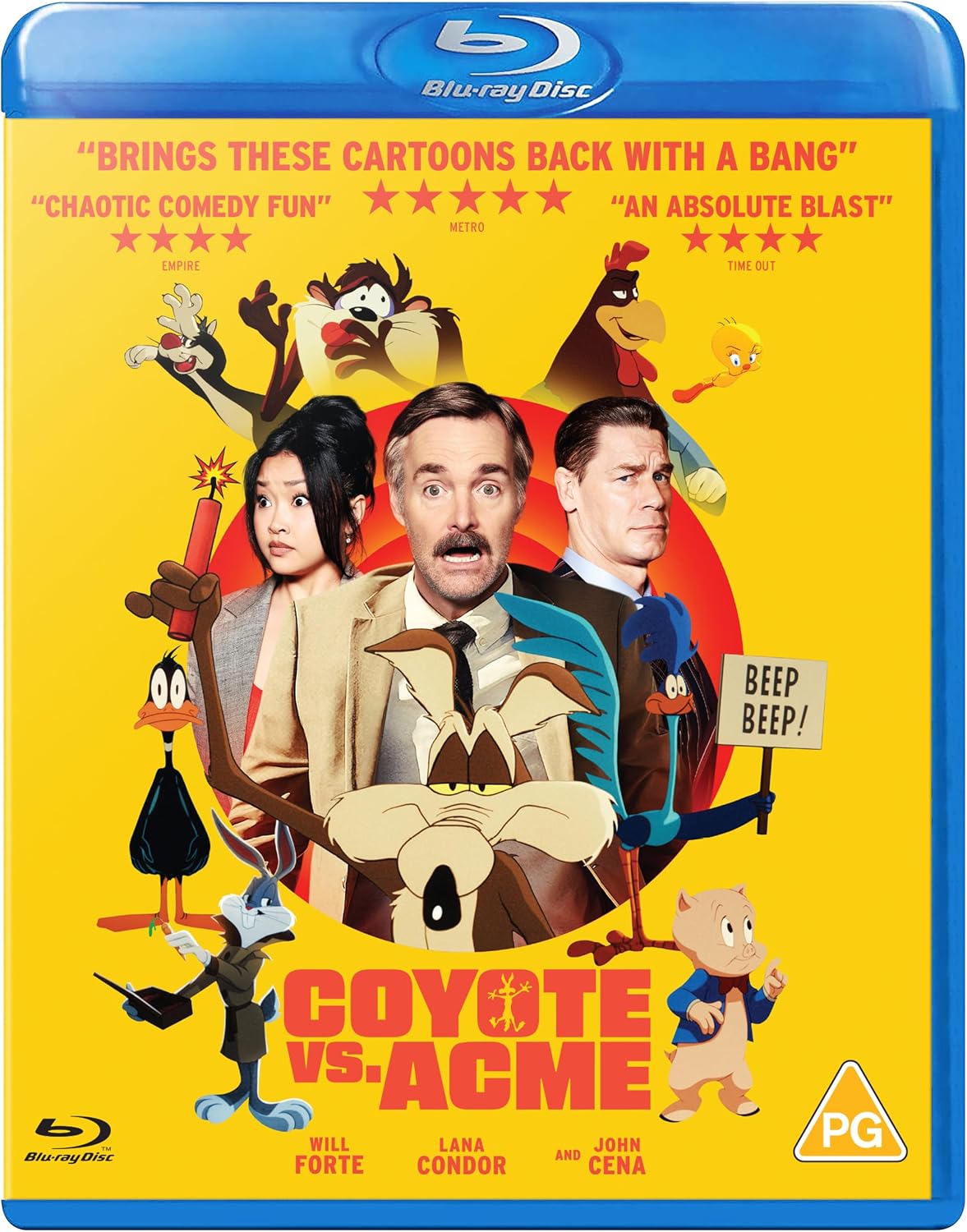 “Coyote vs. Acme” Blu-ray cover featuring cartoon and live-action characters.