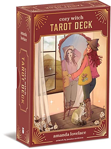 Box for the Cozy Witch Tarot Deck featuring an illustration of a witch looking in a mirror.