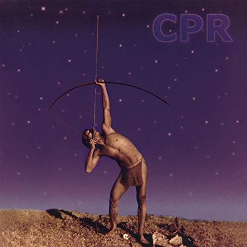 "CD cover art: man tied to a bow, outdoors under a starry night sky."