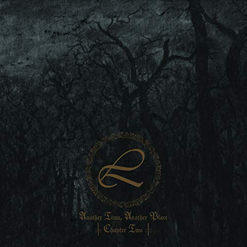 Dark forest background with a gold circular emblem and text Another Time, Another Place.