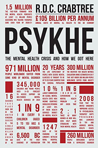 Book cover: "Psykhe" with statistics about the mental health crisis.