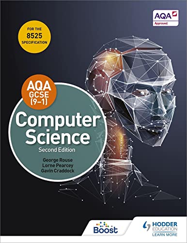 Textbook cover for AQA GCSE Computer Science, Second Edition, with geometric face.