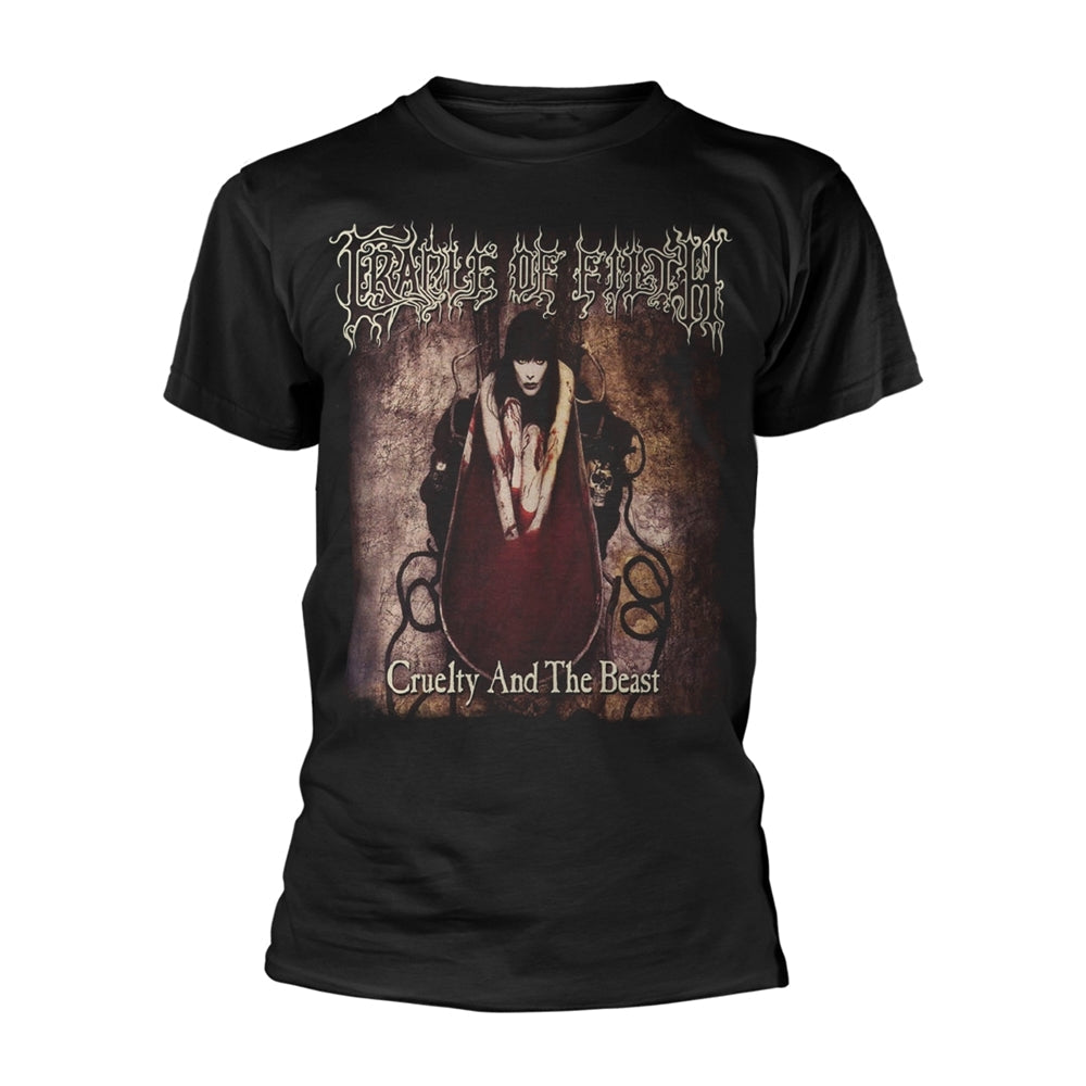 Black t-shirt with gothic text and image of a figure in a robe.
