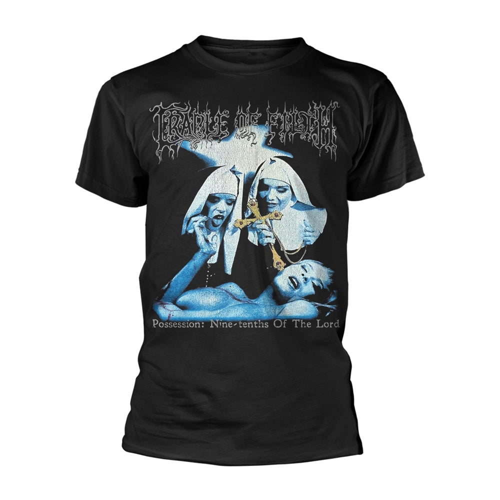 Black t-shirt with Cradle of Filth band logo and gothic imagery.