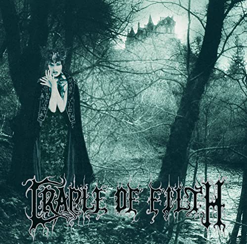 A woman in a dark gown stands by a forest stream near a castle.