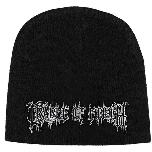 Black beanie hat with white "Cradle Of Filth" logo embroidery.