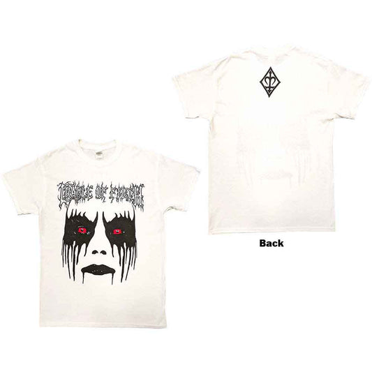 Black t-shirt with large back print of Cradle Of Filth vocalist Dani Filth’s made-up face.