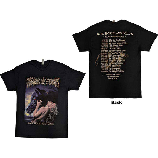 Black t-shirt with Cradle Of Filth's "Dark Horses" artwork on the back.