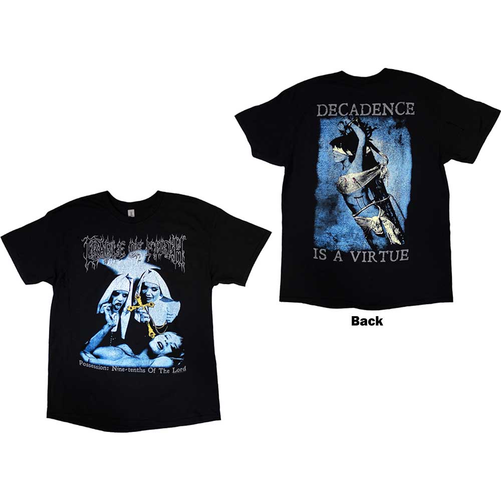Black t-shirt with large back print of Cradle Of Filth's "Decadence" album art.