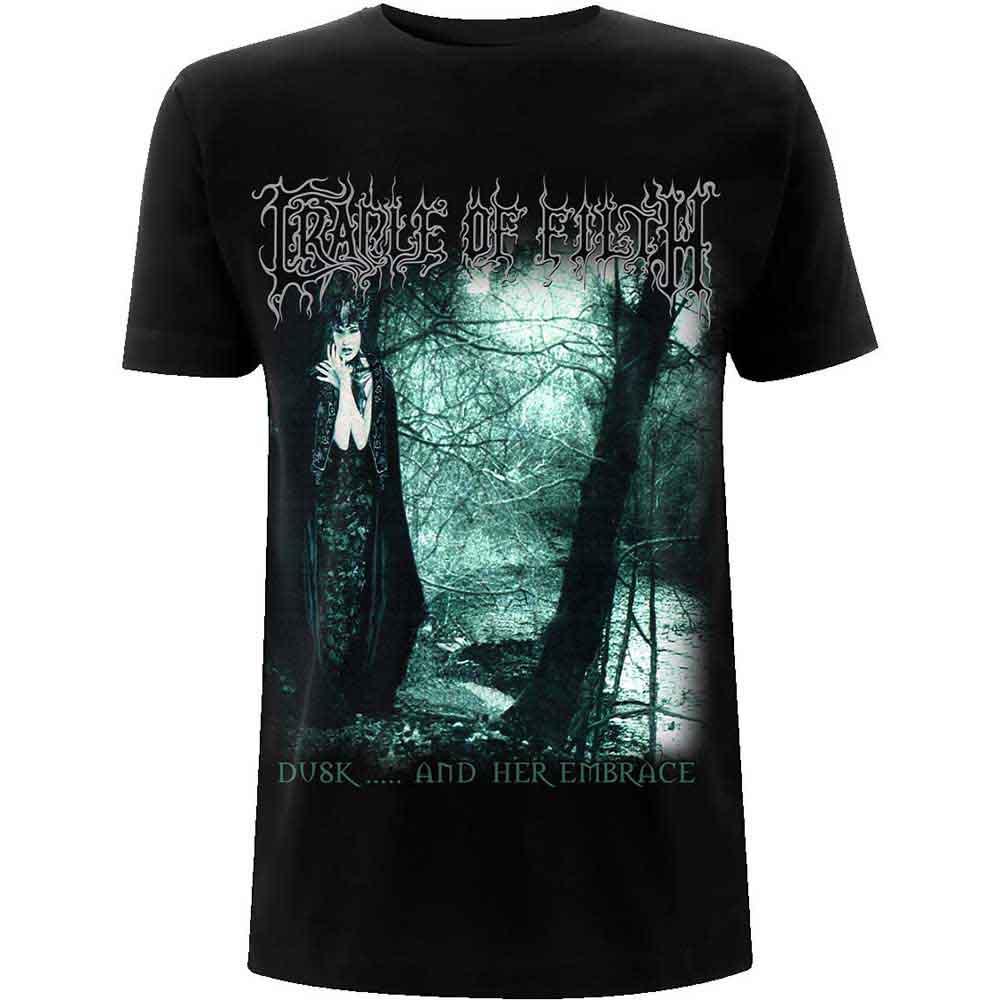Black t-shirt featuring Cradle of Filth album art, “Dusk & Her Embrace”.