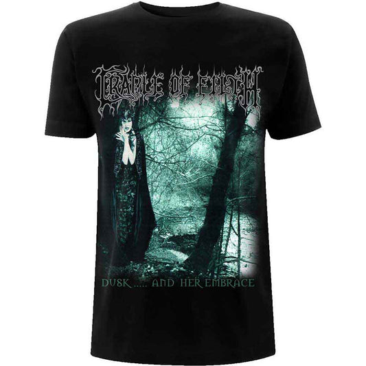 Black t-shirt featuring Cradle of Filth album art, “Dusk & Her Embrace”.