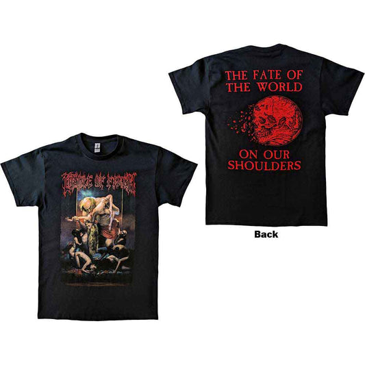 Black t-shirt with Cradle Of Filth band logo and Saturn artwork on back.