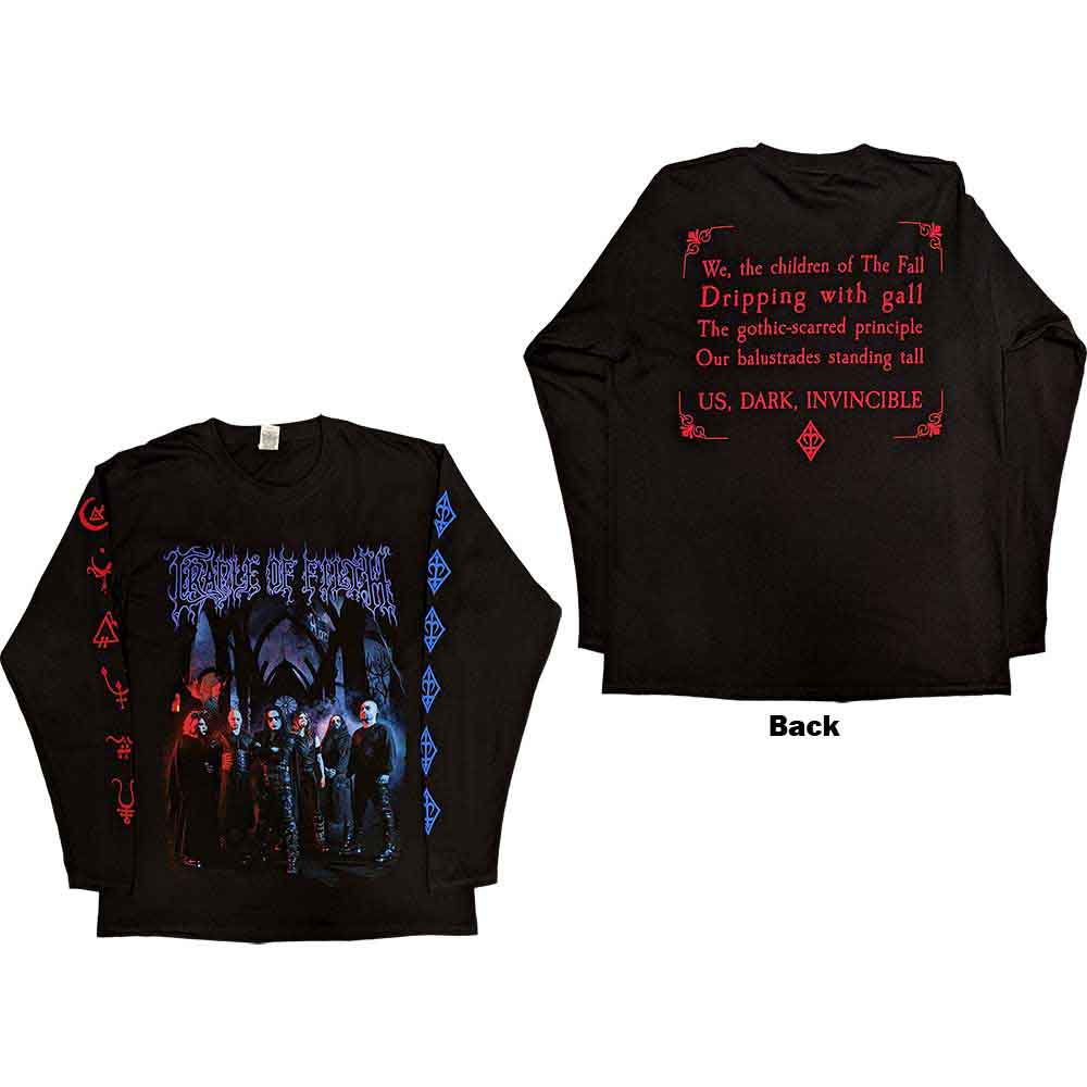 Black long sleeve t-shirt with Cradle Of Filth band imagery on back and sleeves.