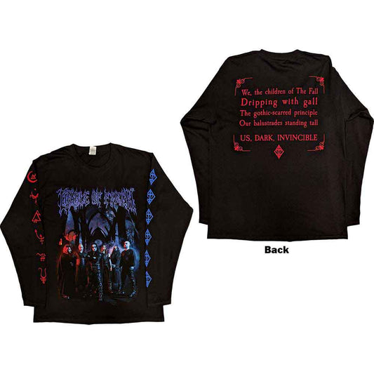 Black long sleeve t-shirt with Cradle Of Filth band imagery on back and sleeves.