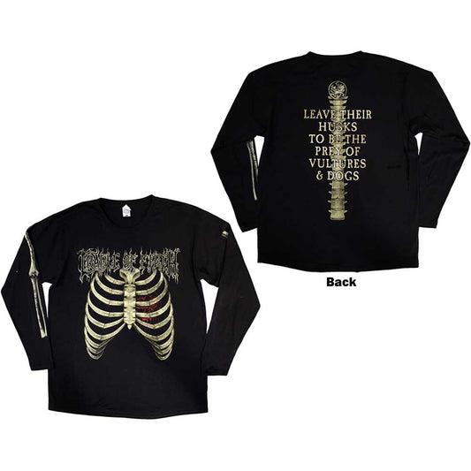 Black long sleeve t-shirt with skeleton graphic on back and sleeves.