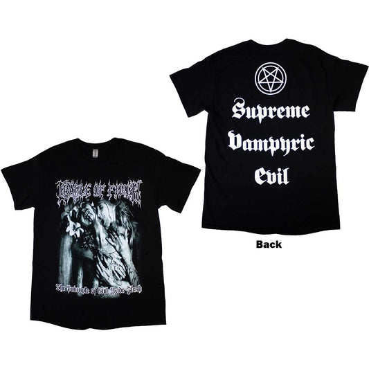 Black t-shirt with gothic lettering and a detailed, dark illustration.
