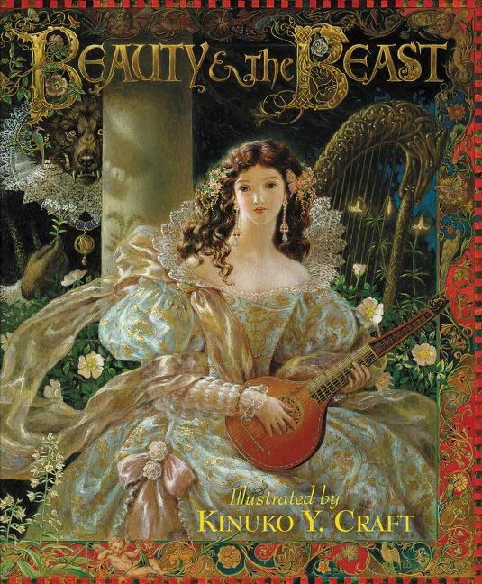 A woman in an ornate dress plays a lute beside a shadowy, wolf-like beast.