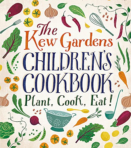 Cookbook cover with colorful illustrations of vegetables and cooking tools.