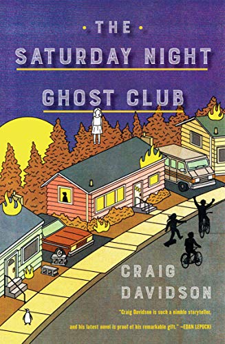 Book cover illustration showing a suburban street with houses, a van, and children cycling.