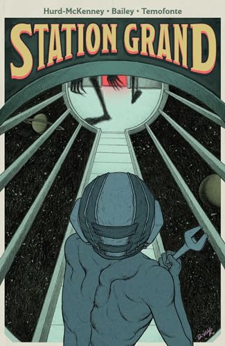 Book cover: astronaut figure with wrench, looking into a space station.