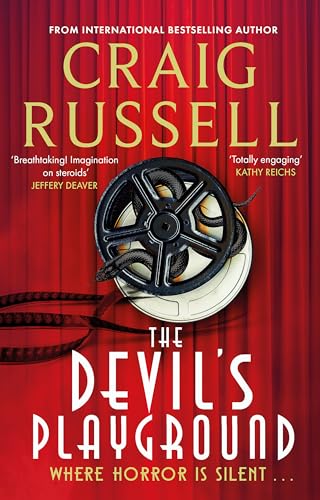 Book cover: red background, film reel with snakes, title "The Devil's Playground".