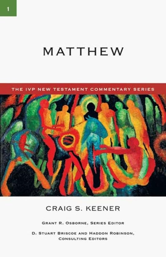 Book cover for "Matthew" commentary with abstract colorful figures.