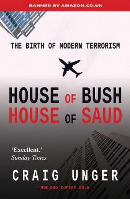 Book cover: "House of Bush House of Saud" with airplane and building imagery.