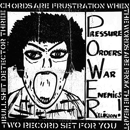 Black and white illustration of a screaming face with text borders on a square cover.