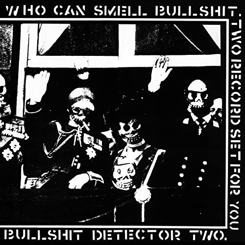 Black and white album cover featuring figures with skull faces waving from a balcony.