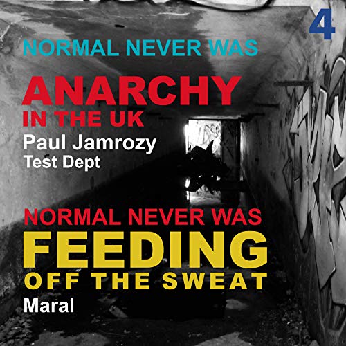 Black and white photo of a graffiti-covered tunnel with overlaid red, yellow, blue text.