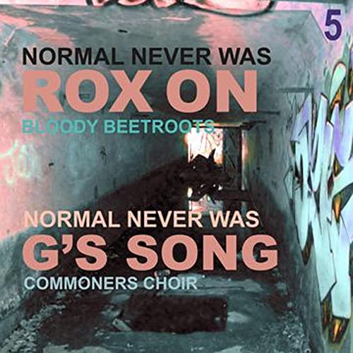 Vinyl record cover with graffiti, a dog, and text "Normal Never Was".