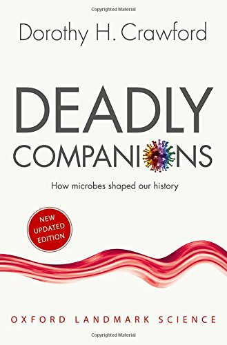 Book cover: "Deadly Companions" with microbe illustration and red wave design.