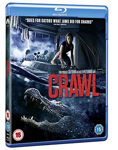 Crawl" Blu-ray cover with a woman fleeing an alligator during a flood.