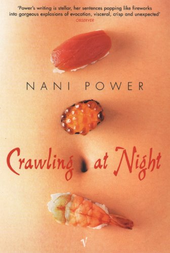 Book cover: "Crawling At Night" with sushi imagery and red title text.