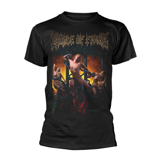 Black t-shirt with a detailed, dark fantasy illustration of figures and flames.