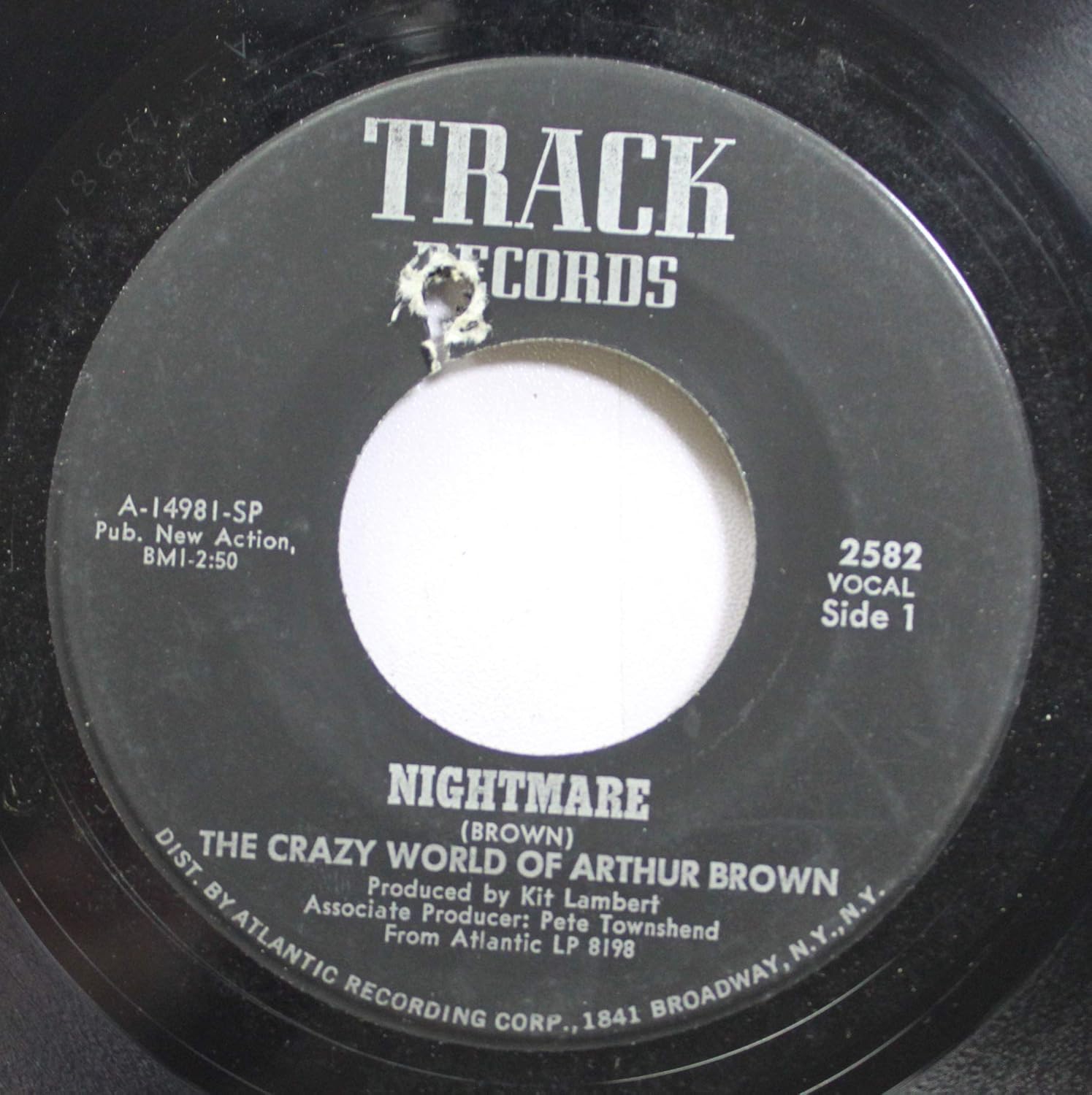 Black vinyl record label for The Crazy World of Arthur Brown song Nightmare.